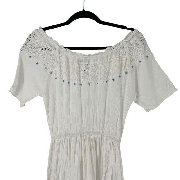 220 Hickory Maxi Dress White Off The Shoulder Turquoise Bead Size S Ruffle Crepe - Picture 3 of 12